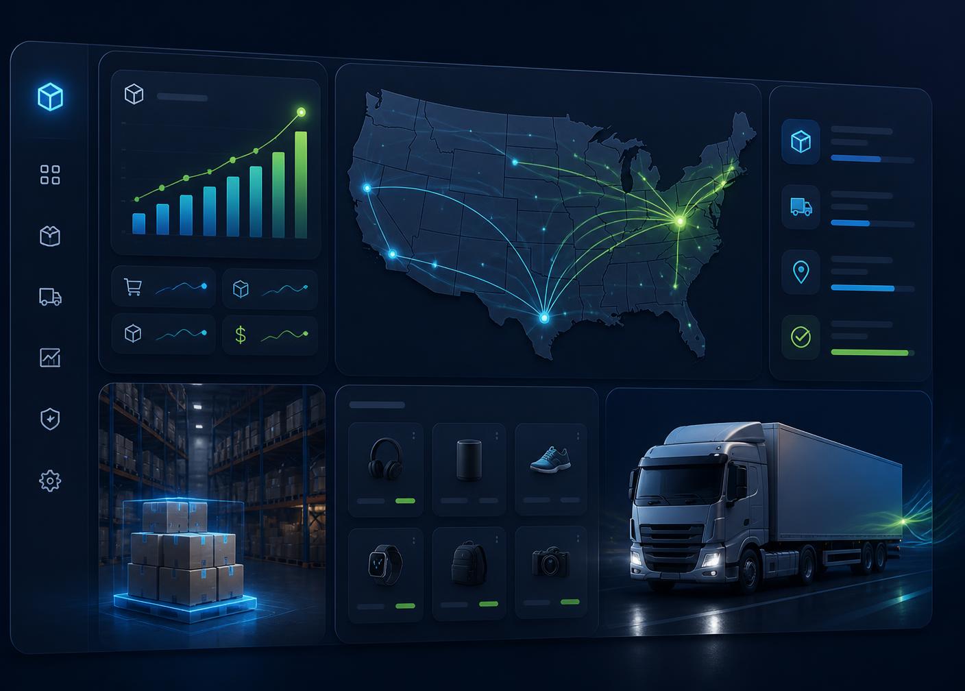 OmnexZone BD warehouse dashboard showing US shipping routes, live order analytics, and same-day fulfillment
